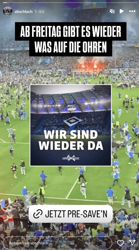 Die INstagram-Story von Abschlach kündigt einen neuen HSV-Song an.